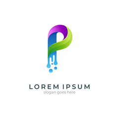 Letter P logo with water and leaf - vector of initial name icon - modern business symbol template