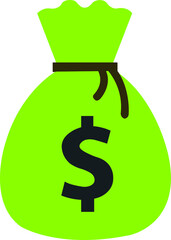 Green money bag and dollar sign vector icon with black lanyard.