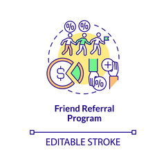 Friend referral program concept icon. Internship programs financing abstract idea thin line illustration. Earning discounts on internship fee. Vector isolated outline color drawing. Editable stroke
