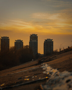 Vertical shot of sunset at the Vacaresti Nature Reserve landscape in Bucharest, Romania