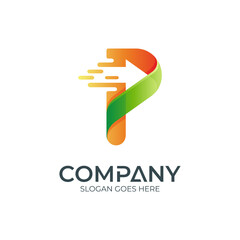 Letter P logo with fast arrow - vector of arrow business icon - initial name symbol with gradient color