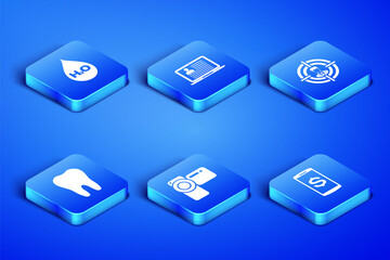 Set Smartphone with dollar, Water drop H2O, Cinema camera, Tooth, Laptop resume and Head hunting icon. Vector