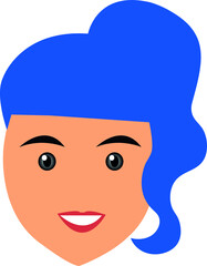 Woman with black eyes and blue hair.