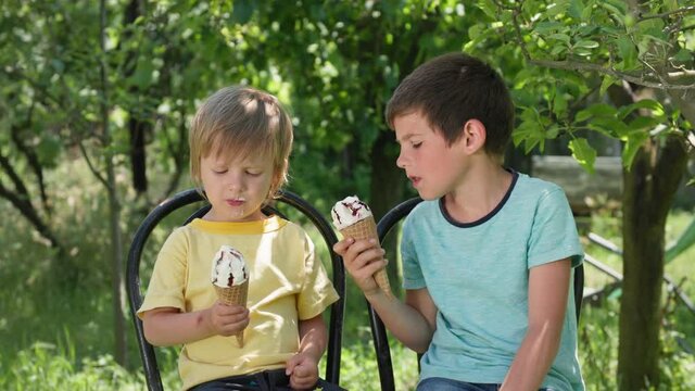 happy male children are happy to lick delicious ice cream on hot summer denm while sitting on steels background of trees