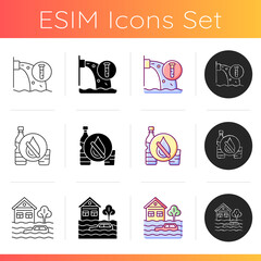Water stress icons set. Urban runoff management. Lacking access to drinking water. Floods. Contaminated natural source. Linear, black and RGB color styles. Isolated vector illustrations
