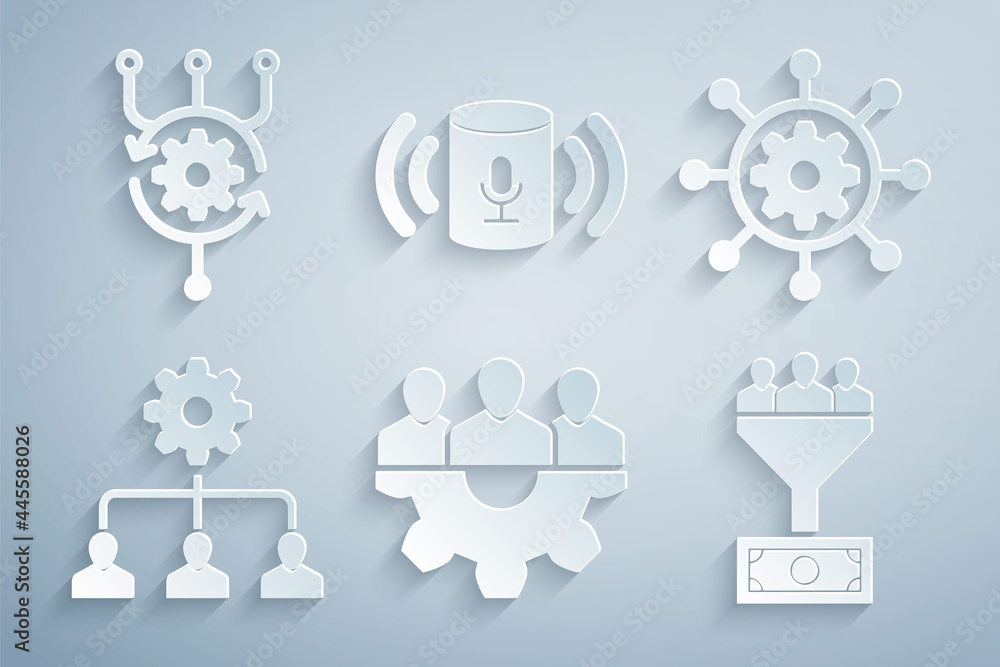 Poster set project team base, management, lead, , voice assistant and algorithm icon. vector