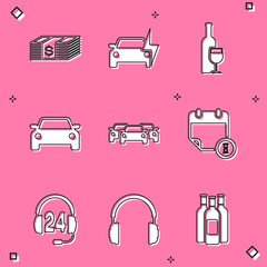 Set Paper money dollars cash, Electric car, Wine bottle with glass, Car, Cars and Calendar and clock icon. Vector