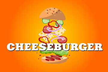 cheeseburger on yellow background with inscription, ingredients, components. Sesame bun, ketchup, lettuce, cutlet, tomato, pepper, cucumber. American fast food