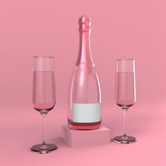 Glasses Of Champagne With Closed Bottle