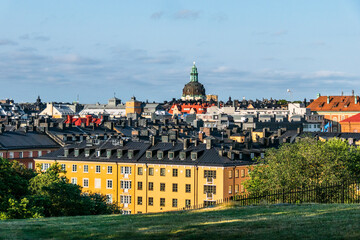 Fototapeta na wymiar Stockholm, Sweden A view towards the Gustaf Vasa Church from the Vanadislunden park.
