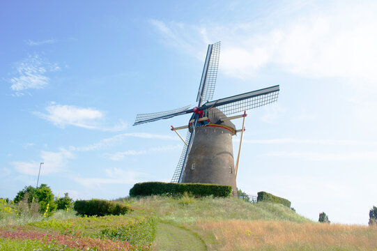 Traditional historic windmill on a green hill in the center of Wijchen in the Netherlands