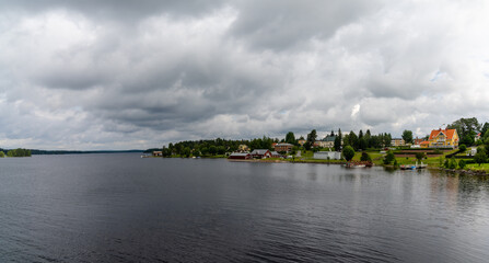 view of the small town of Stromsund on the Stroms Vattudal Lake in northern Sweden