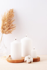 Fototapeta na wymiar Home decoration with candles and flowers over white wall. Interior design concept. Close up, copy space