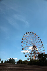 observation wheel in urban park against blue sky