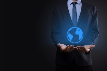 Businessman man hand holding Earth icon , digital globe