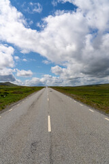 vertical view of a paved highway leading straight to the horizon in a wild tundra landscape