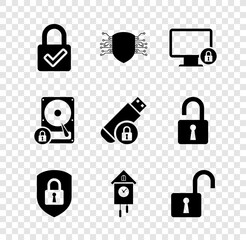 Set Lock and check mark, Cyber security, on monitor, Shield with lock, Retro wall watch and Open padlock icon. Vector