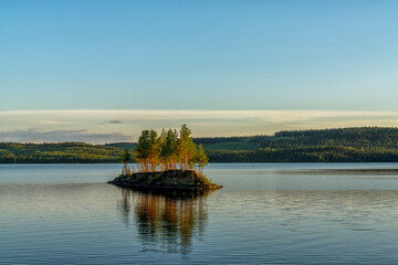 Fototapeta na wymiar idyllic lake landscape with a small island with trees under a cloudless blue sky