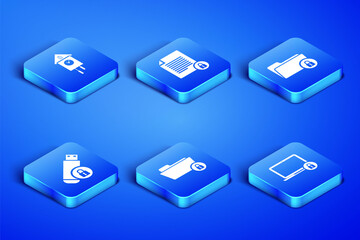 Set Laptop and lock, Retro wall watch, Folder, USB flash drive with, Document and icon. Vector