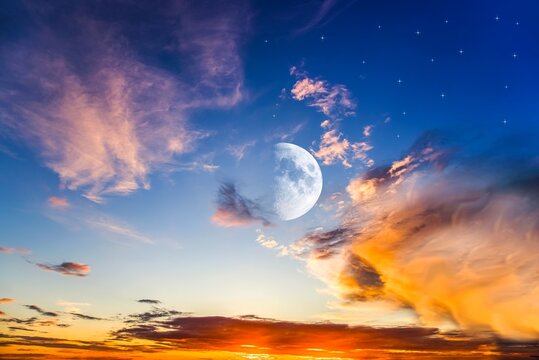 beautiful sky moon and stars in clouds