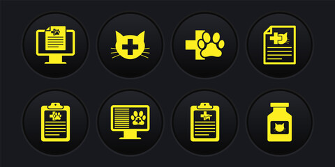 Set Clinical record pet, Medical certificate for dog cat, on monitor, , Veterinary clinic and icon. Vector