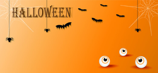 Illustration of Halloween orange background . Bats and eye on orange background.