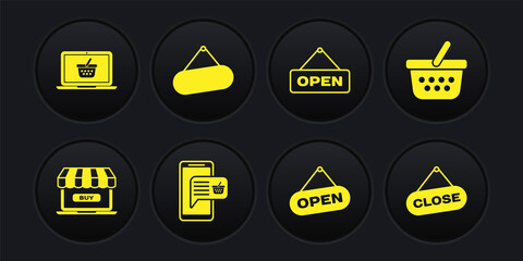 Set Online shopping, Shopping basket, Mobile and, Hanging sign with Open door, Signboard hanging, Close and on laptop icon. Vector