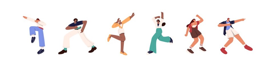Set of happy people dancing for fun and joy. Modern young dancers in different poses. Excited cheerful man and woman rejoicing to trendy music. Flat vector illustration isolated on white background.