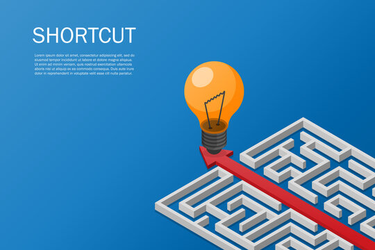 Red Arrow Route Break Out Of Maze To Idea. Problem Solving Shortcut. Business And Finance Concept. Vector Illustration Isometric Flat Design. Creative Light Bulb To Success On Blue Background.