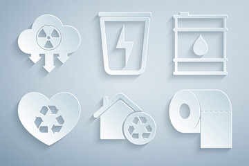 Set Eco House with recycling, Oil barrel, friendly heart, Toilet paper roll, Lightning trash can and Acid rain and radioactive cloud icon. Vector