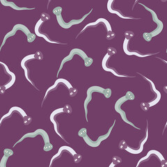 Random reptilian seamless pattern with blue snakes funny ornament. Bright purple background.
