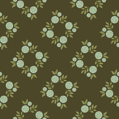 Geometric style seamless pattern with blue lemon slices ornament. Dark green-olive background.