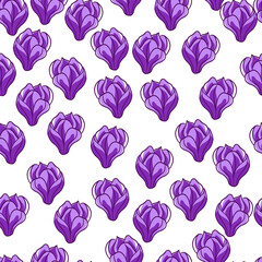 Isolated purple random magnolia little flowers seamless doodle pattern. White background. Abstract style.