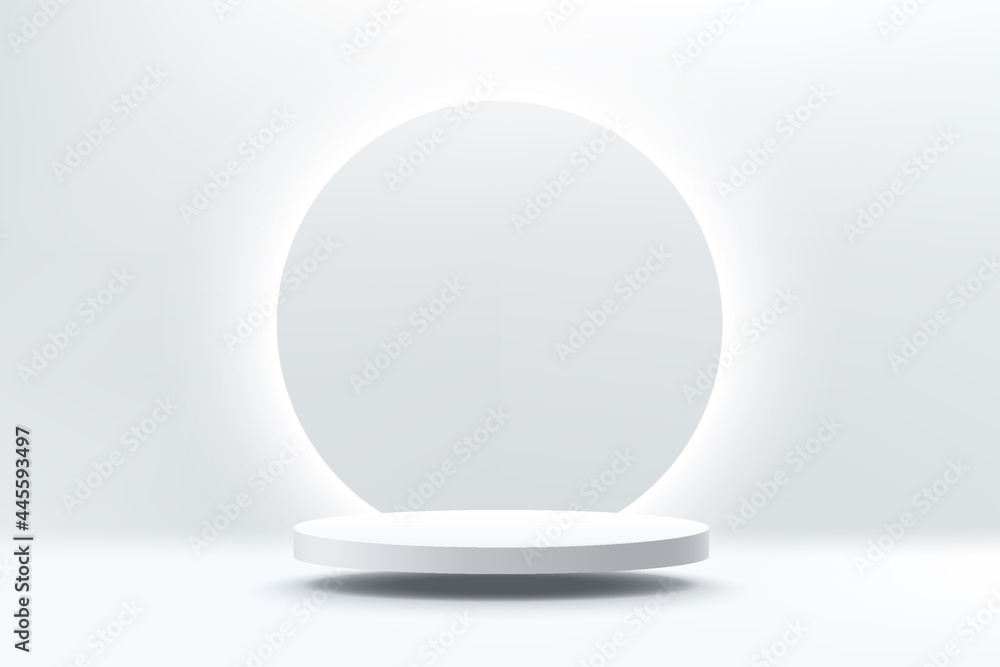 Wall mural abstract 3d silver cylinder pedestal podium floating on air with glowing neon ring background. silve