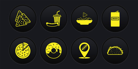 Set Pizza, Beer can, Donut, Location with hotdog, Nachos in plate, Soda and, Taco tortilla and icon. Vector