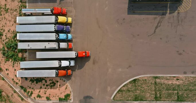 Aerial view of parking lot with trucks on transportation of truck rest area trailers logistics dock