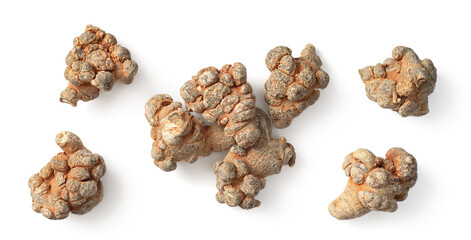 Dried Panax notoginseng roots isolated on white, top view