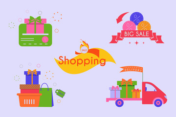 Naklejka premium Collection of posters with the announcement of discounts. Sale, delivery. Vector illustration. Flat design..