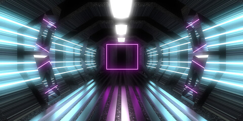 3D abstract background with neon lights. neon tunnel .space construction. 3d illustration
