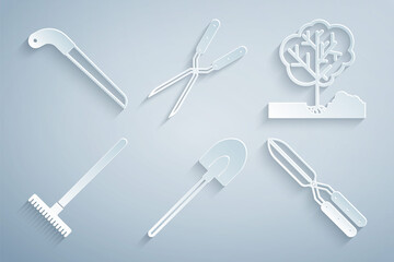 Set Garden shovel, Planting tree in the ground, rake, Gardening handmade scissor, and saw icon. Vector