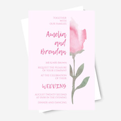 Vector illustration of wedding invitation template with pink rose. Postcard in pastel colors for printing on a wedding, poster.