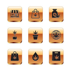 Set Online buying marijuana, Shopping bag of, Marijuana or cannabis leaf oil, plant pot, Test tube with, Medical bottle, and icon. Vector