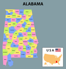 Alabama map. District map of Alabama in 2020. District map of Alabama in colour with capital.