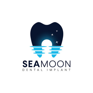 seamoon dental implant logo with sceen sea and reflection of moon make tooth implant vector