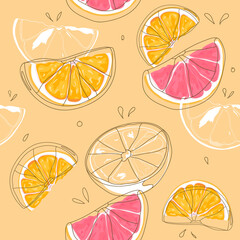 Fruit pattern design.Design for print, cover, fabric.Summer concept.fruit hand drawing and orange background