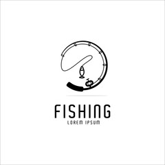 fishing rod circle logo design,fishing logo,black and white logo,icon, emblems,vector template