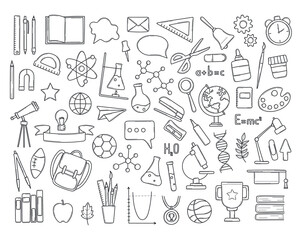 School tools, stationery, icons, pictograms in doodle style. Pen, globe, backpack, ruler, book, brush, pencil and other items in hand drawn sketch.Isolated on white background vector line illustration