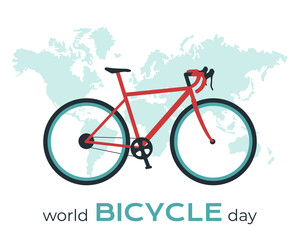 Fototapeta na wymiar World bicycle day. Gravel city road bike on world map background. Template for banner, flyer, postcard, poster. T-shirt print. Isolated on white vector illustration