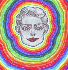 Bright multi-colored sketch with a girl with colored stripes and red lips on a rainbow background with traditional art markers.