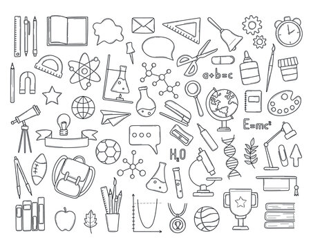 School tools, stationery, icons, pictograms in doodle style. Pen, globe, backpack, ruler, book, brush, pencil and other items in hand drawn sketch.Isolated on white background vector line illustration